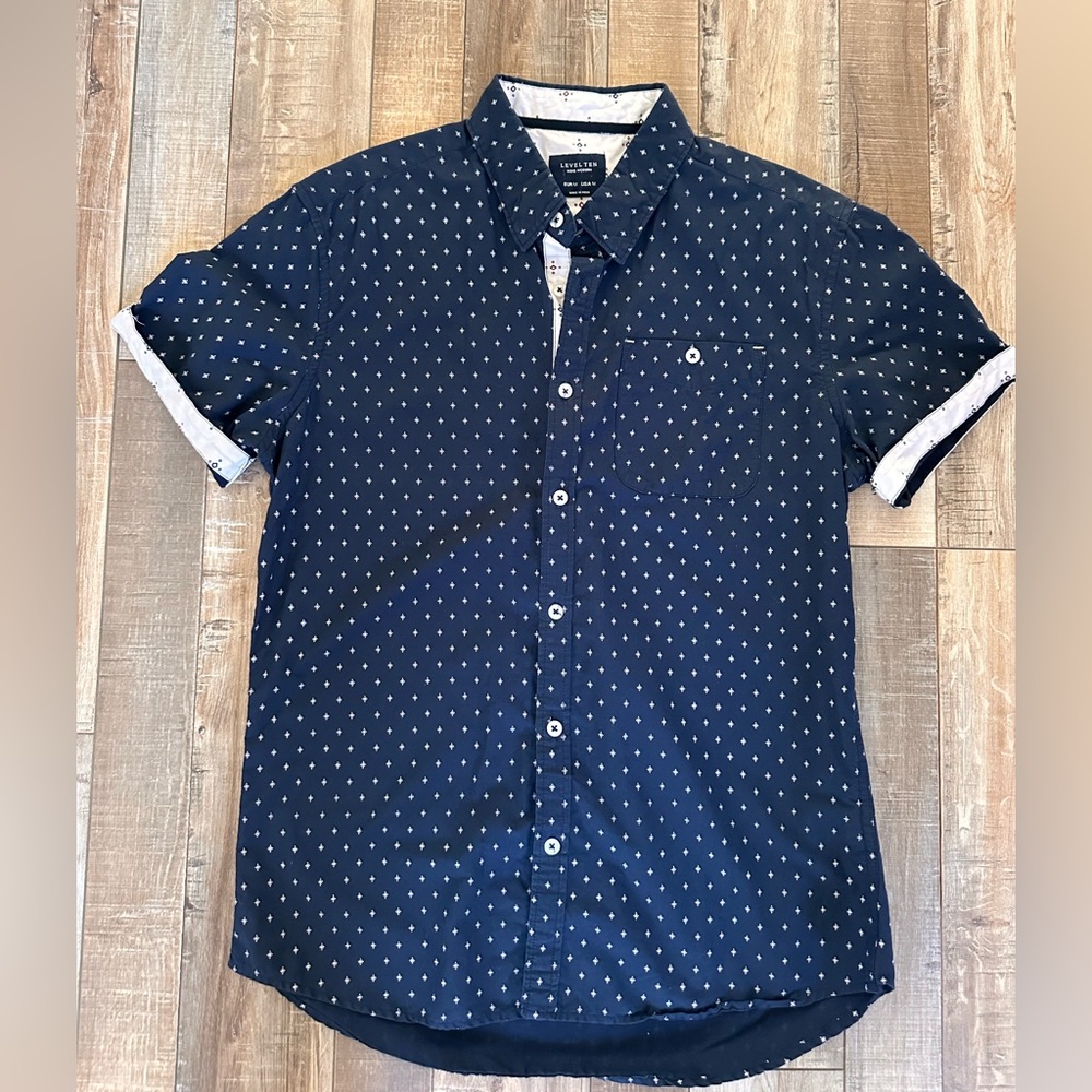 European fitted Navy Patterned Men's Button-Down‎ Shirt